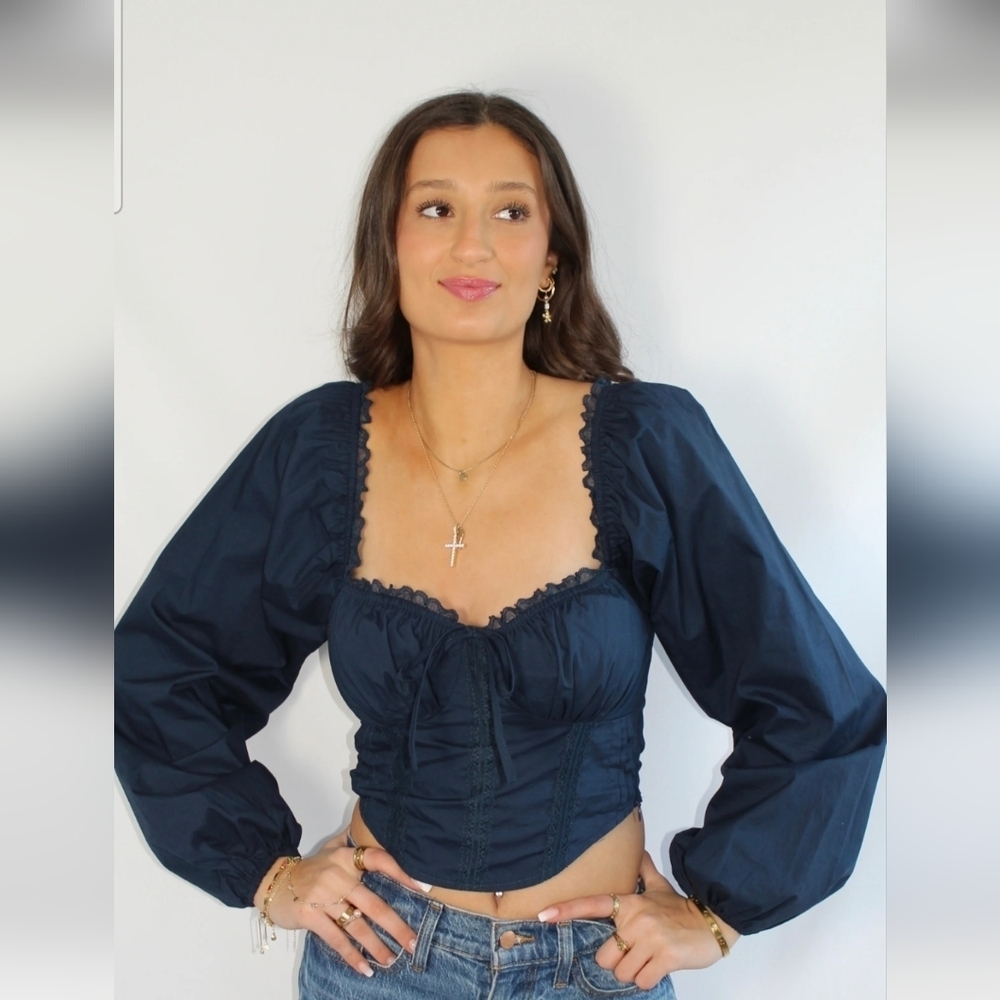 LE LIS Navy Cotton Corset Top – Romantic Puff Sleeve Blouse Navy. Size Small NWT